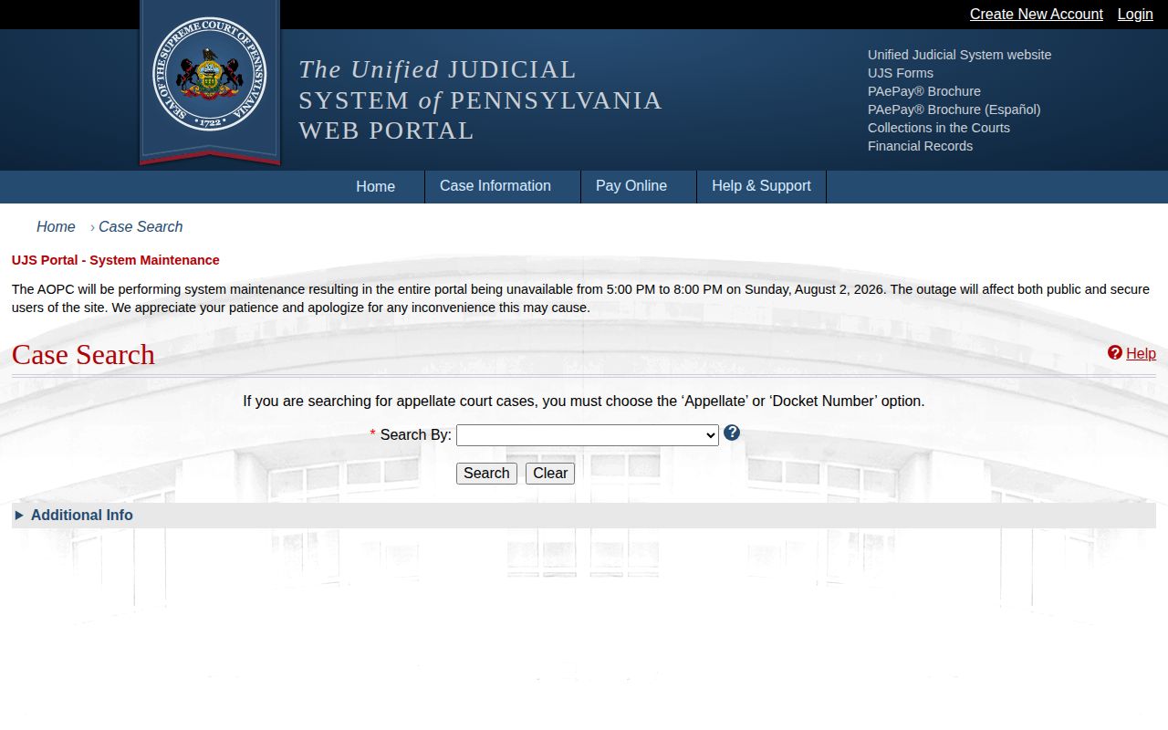 UJS court search for Lycoming County release orders and dockets